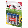 Батарейки КОМПЛЕКТ 4 шт., SONNEN Super Alkaline, АА (LR6,15А), алкалиновые, пальчиковые, блистер, 451094 - 4