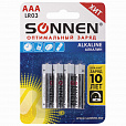 Батарейки КОМПЛЕКТ 4 шт., SONNEN Alkaline, AAA (LR03, 24А), алкалиновые, мизинчиковые, в блистере, 451088 - 1