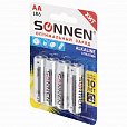 Батарейки КОМПЛЕКТ 4 шт., SONNEN Alkaline, АА (LR6, 15А), алкалиновые, пальчиковые, блистер, 451085 - 3