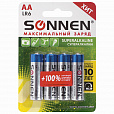 Батарейки КОМПЛЕКТ 4 шт., SONNEN Super Alkaline, АА (LR6,15А), алкалиновые, пальчиковые, блистер, 451094 - 1